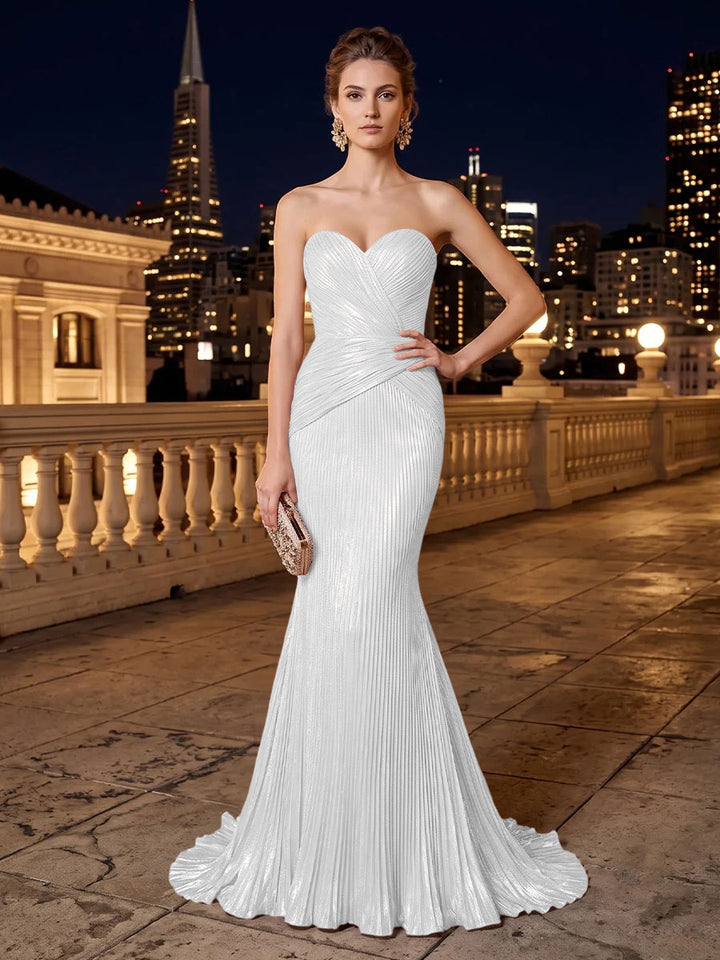 Metallic Satin Mermaid Strapless Pleats Evening Dresses