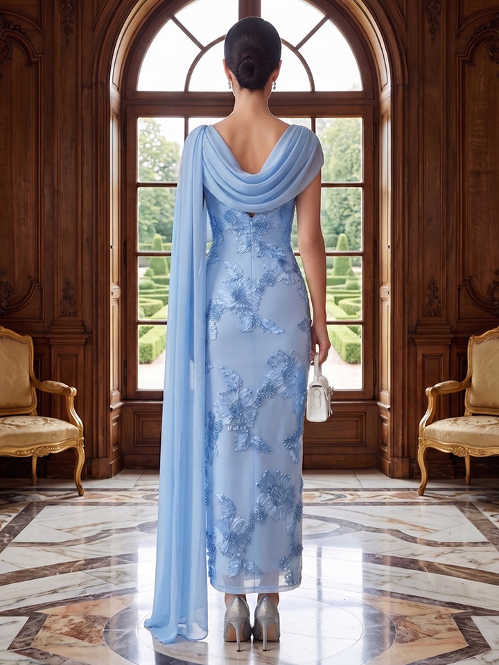 Tulle Mermaid Cowl Neck with Cape Side Drape Mother of the Bride Dresses