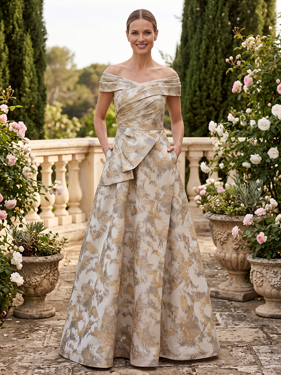Jacquard A Line Off the Shoulder Pleats Mother of the Bride Dresses