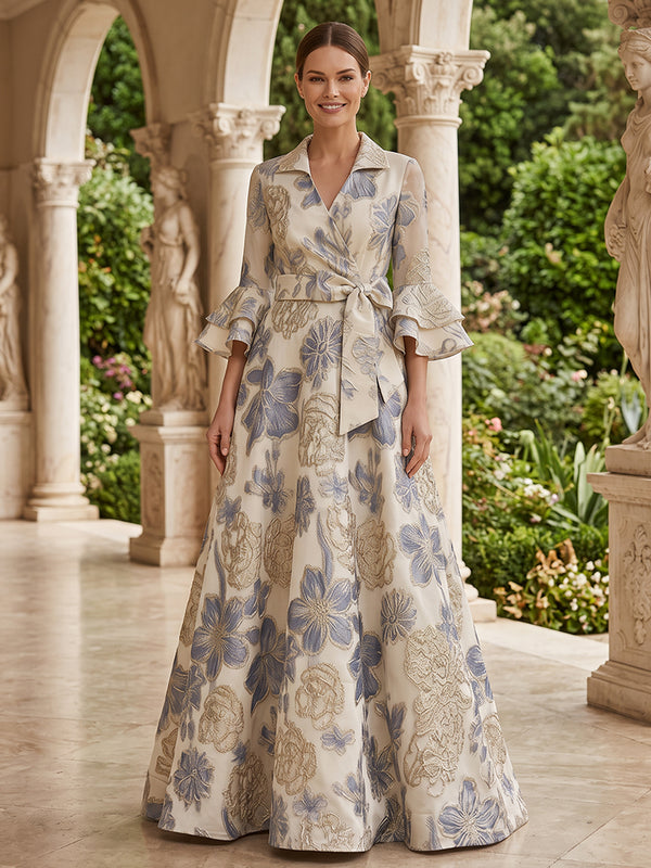 Jacquard A Line Lapel Collar Ruffles Sleeves Mother of the Bride Dresses