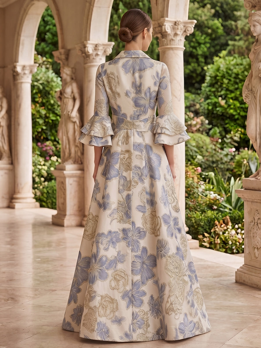 Jacquard A Line Lapel Collar Ruffles Sleeves Mother of the Bride Dresses
