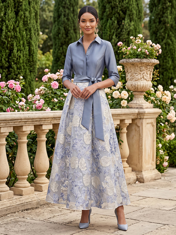 Satin A Line Lapel Collar Floral Embroidery Mother of the Bride Dresses
