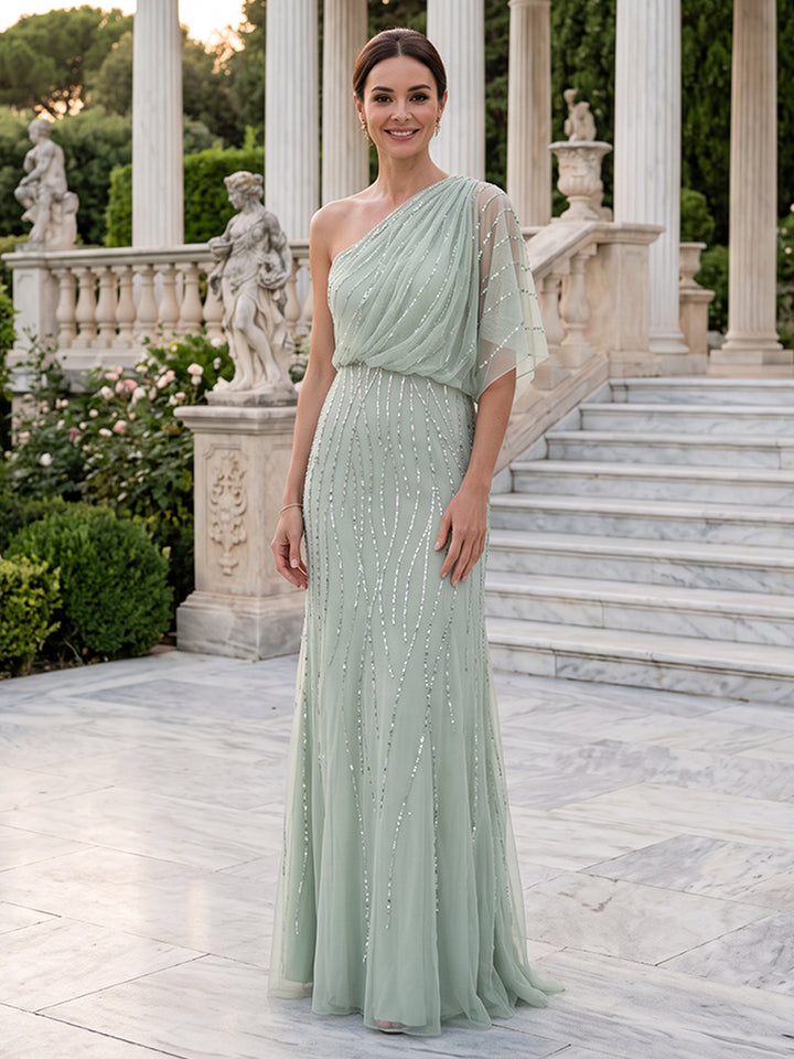 Chiffon A Line One Shoulder Draped Bodice Beaded Mother of the Bride Dresses