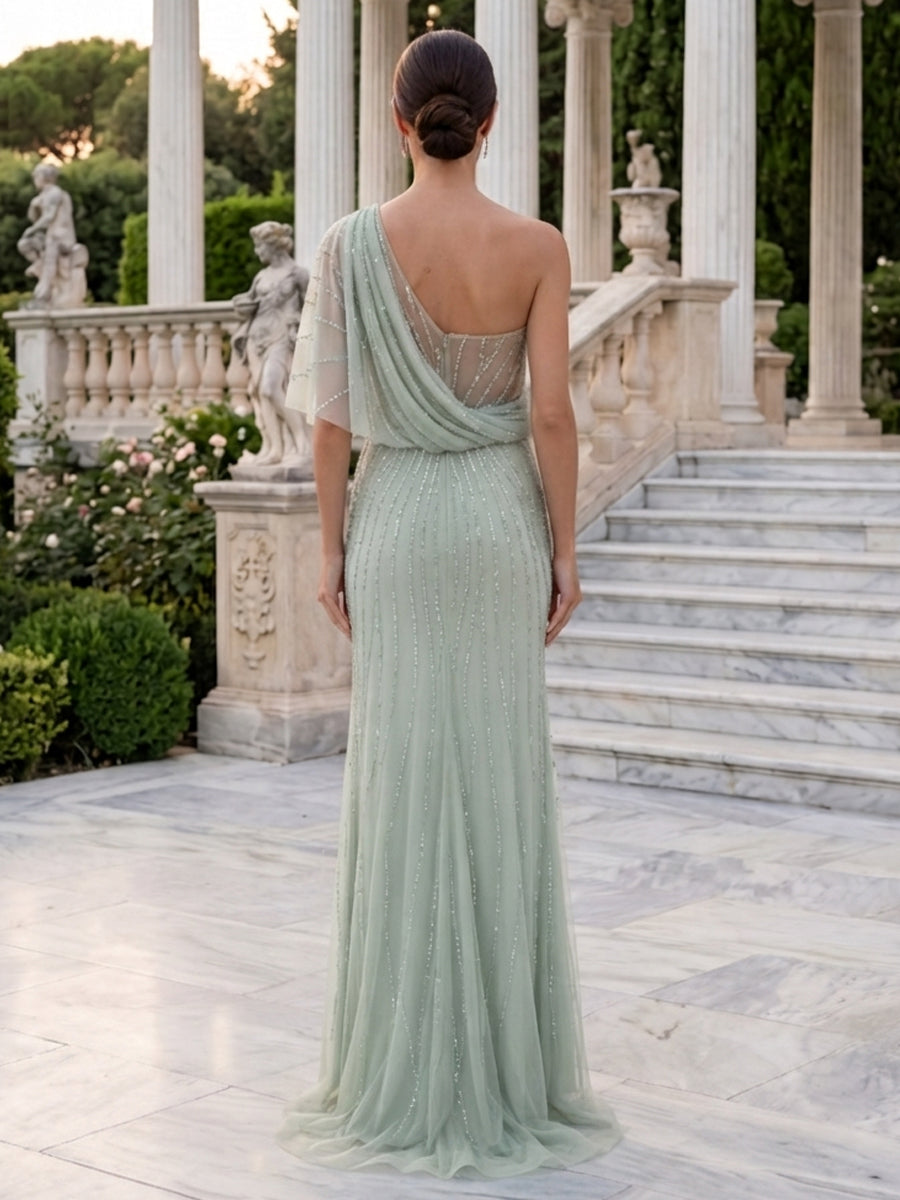 Chiffon A Line One Shoulder Draped Bodice Beaded Mother of the Bride Dresses