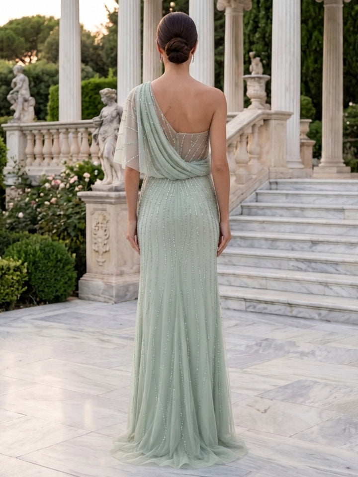 Chiffon A Line One Shoulder Draped Bodice Beaded Mother of the Bride Dresses