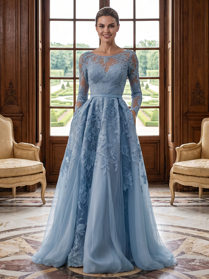 Tulle A Line Jewel Neck Lace Appliques Floral Mother of the Bride Dresses