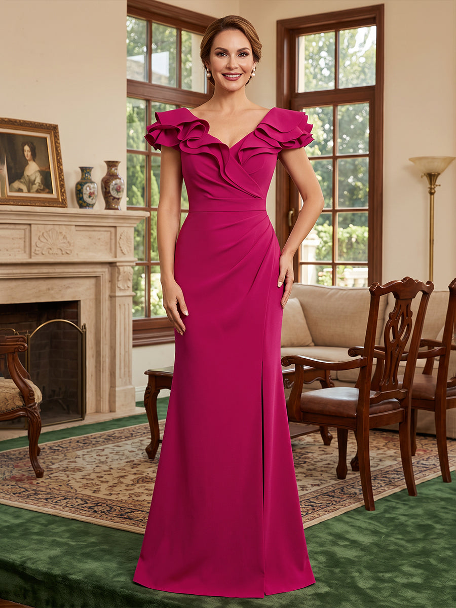 Satin Mermaid Off the Shoulder Ruched Waist Side Slit Mother of the Bride Dresses