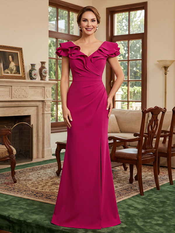 Satin Mermaid Off the Shoulder Ruched Waist Side Slit Mother of the Bride Dresses