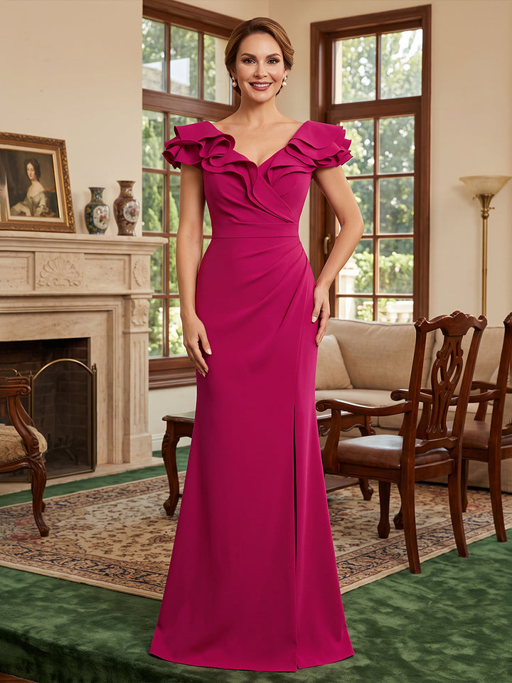 Satin Mermaid Off the Shoulder Ruched Waist Side Slit Mother of the Bride Dresses