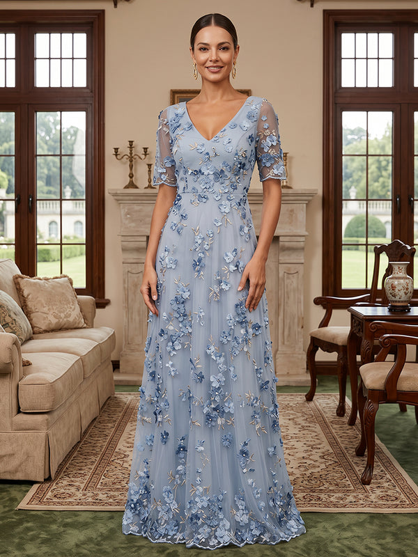 Tulle A Line V Neck Embroidery Mother of the Bride Dresses