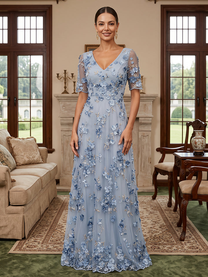 Tulle A Line V Neck Embroidery Mother of the Bride Dresses