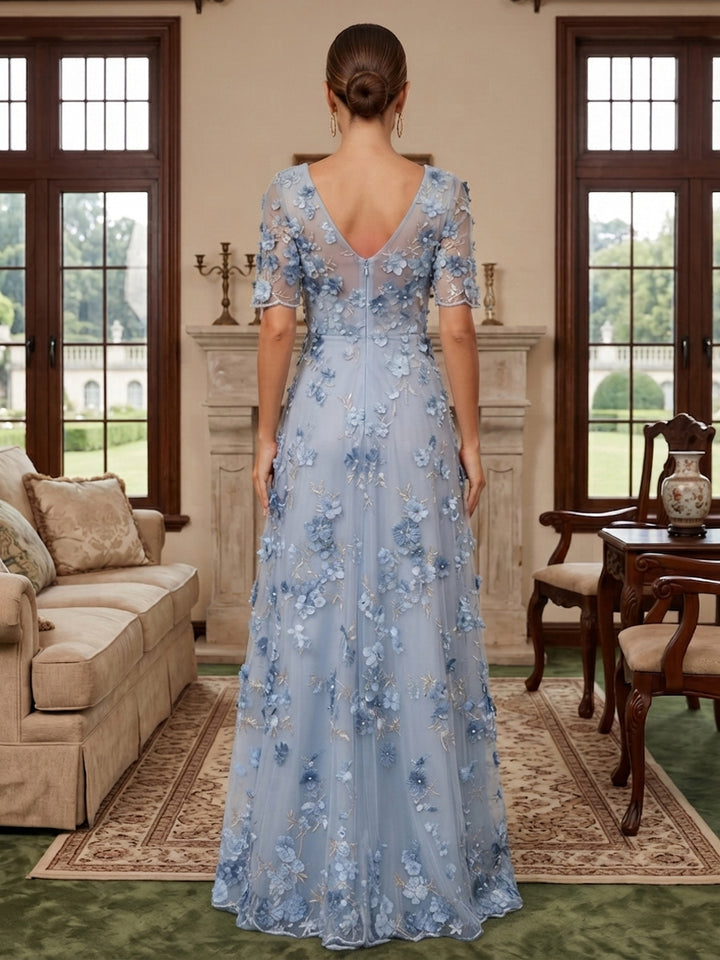 Tulle A Line V Neck Embroidery Mother of the Bride Dresses