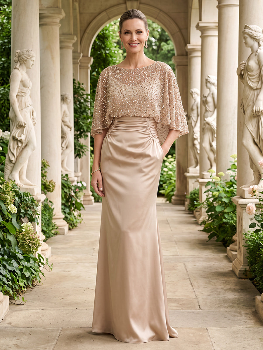 Satin Mermaid Jewel Neck Ruched Waist Cap Mother of the Bride Dresses