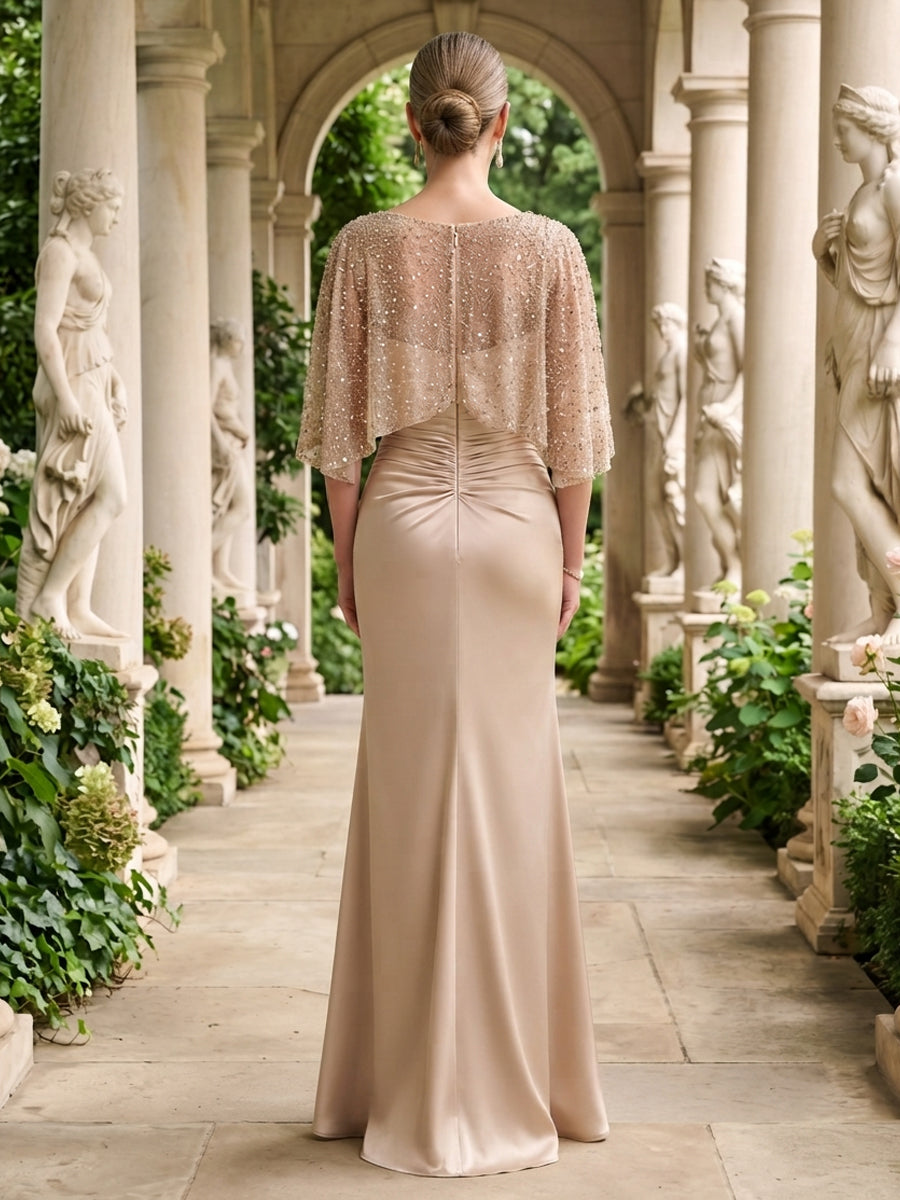 Satin Mermaid Jewel Neck Ruched Waist Cap Mother of the Bride Dresses