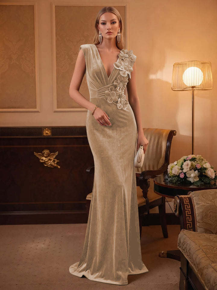 Velvet Mermaid V Neck Ruched Waist Evening Dresses