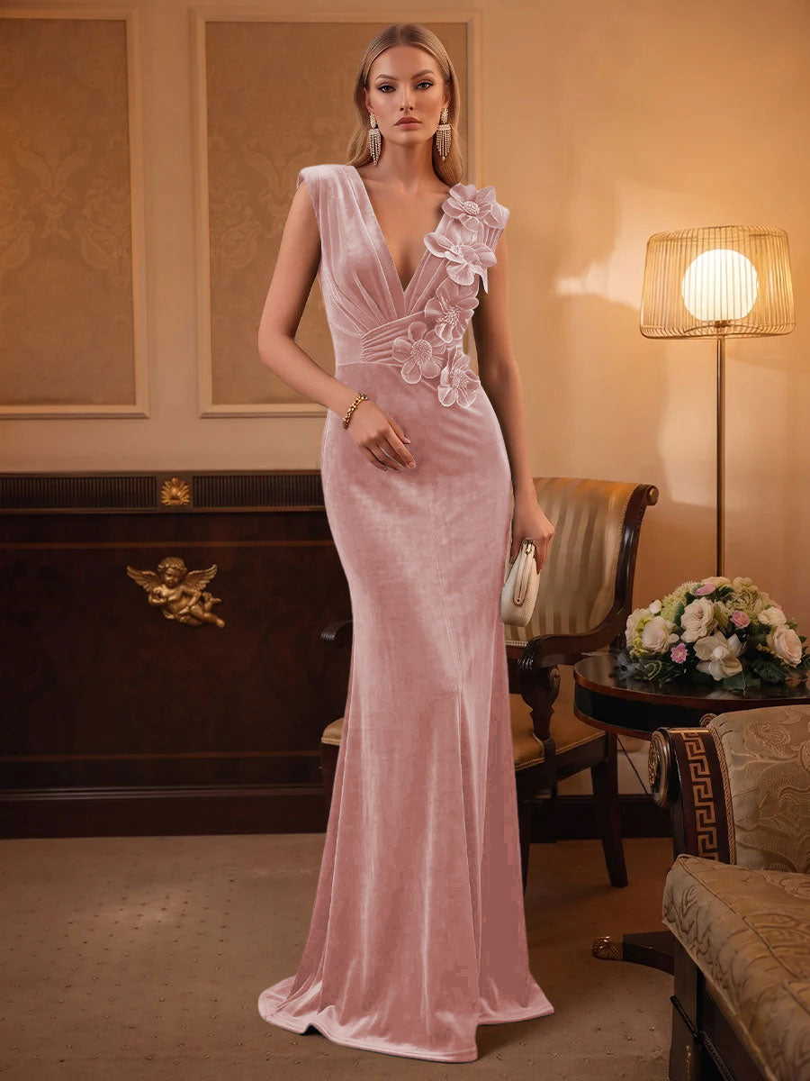 Velvet Mermaid V Neck Ruched Waist Evening Dresses