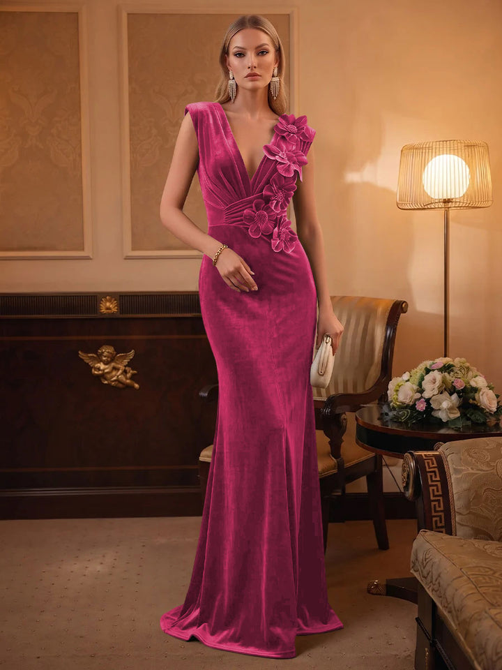 Velvet Mermaid V Neck Ruched Waist Evening Dresses
