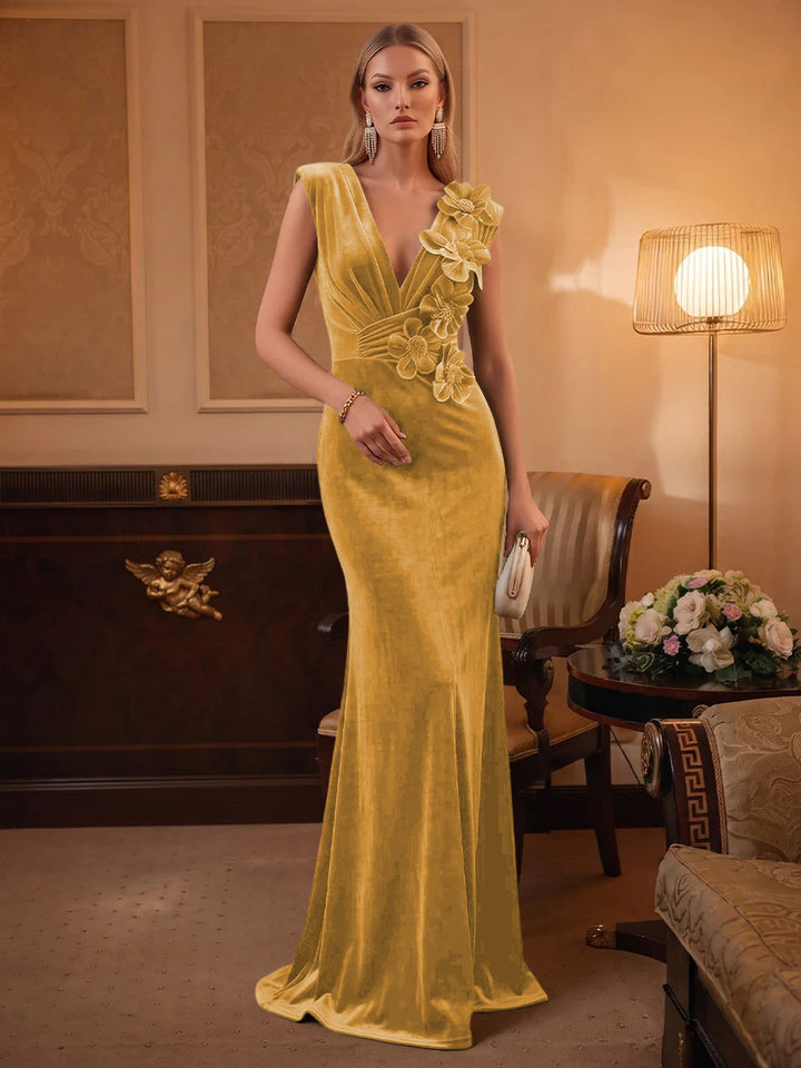 Velvet Mermaid V Neck Ruched Waist Evening Dresses