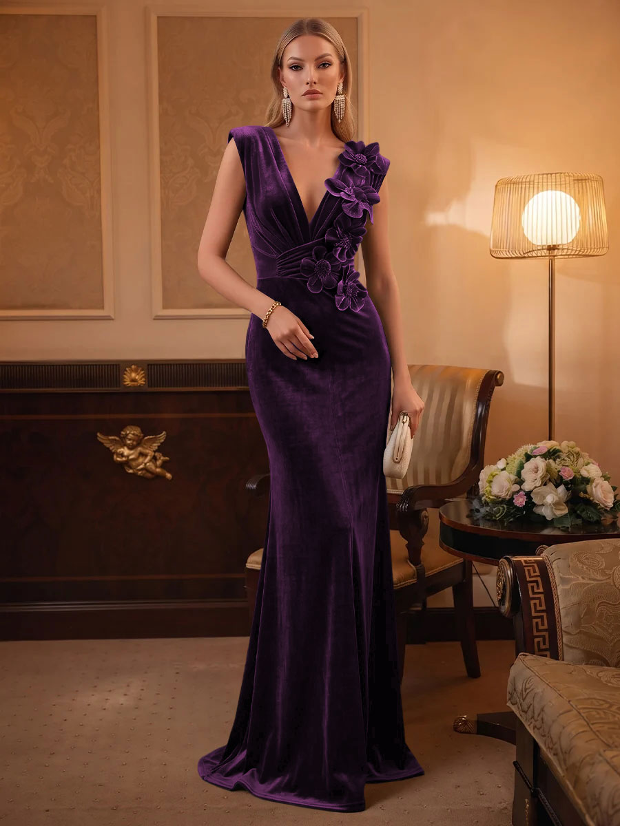 Velvet Mermaid V Neck Ruched Waist Evening Dresses