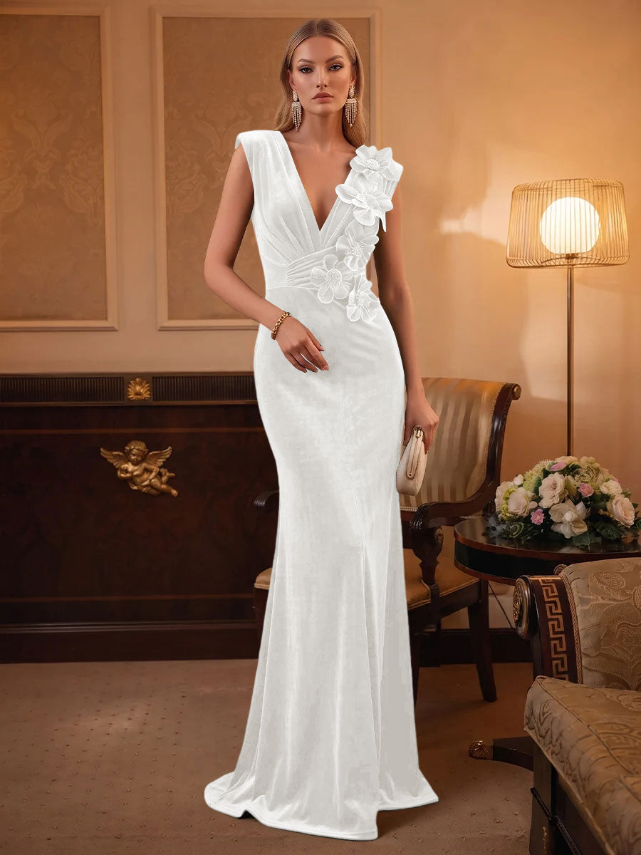 Velvet Mermaid V Neck Ruched Waist Evening Dresses