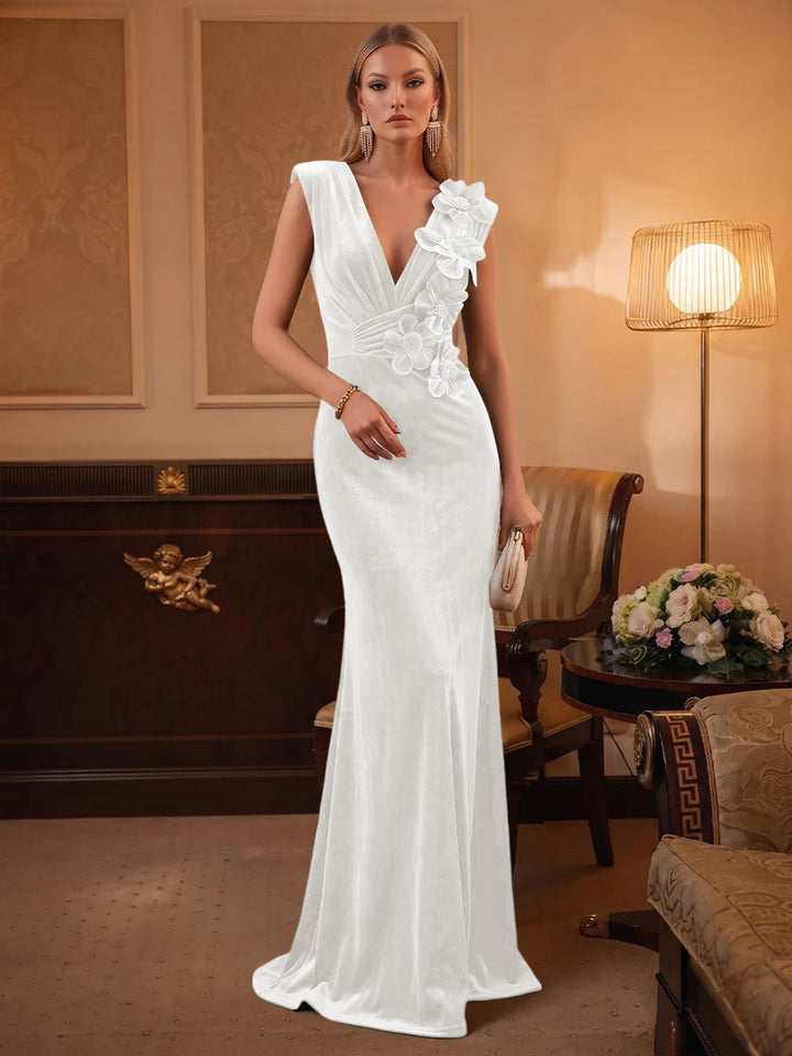 Velvet Mermaid V Neck Ruched Waist Evening Dresses