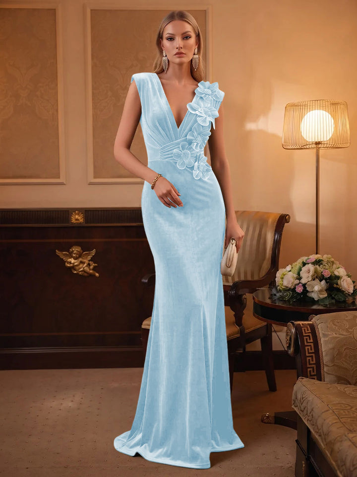 Velvet Mermaid V Neck Ruched Waist Evening Dresses