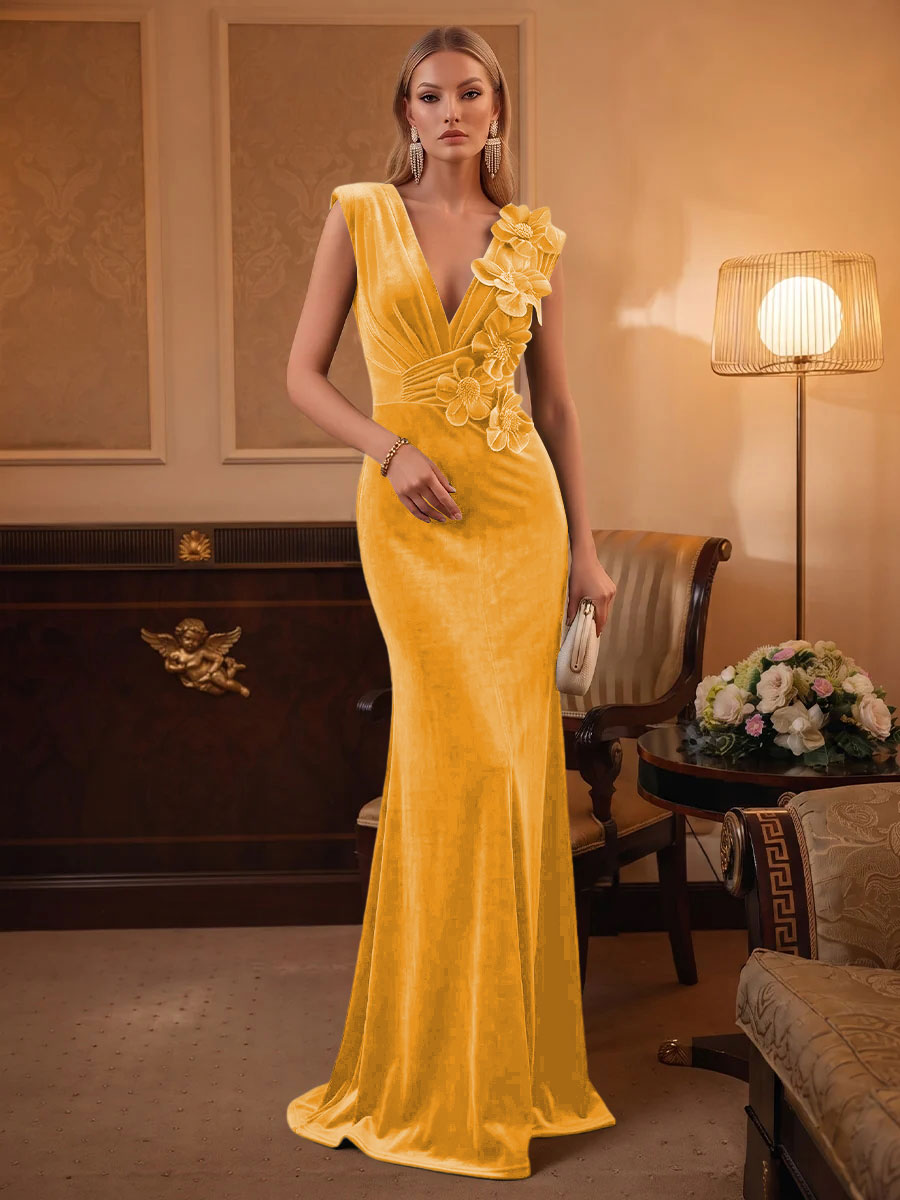 Velvet Mermaid V Neck Ruched Waist Evening Dresses