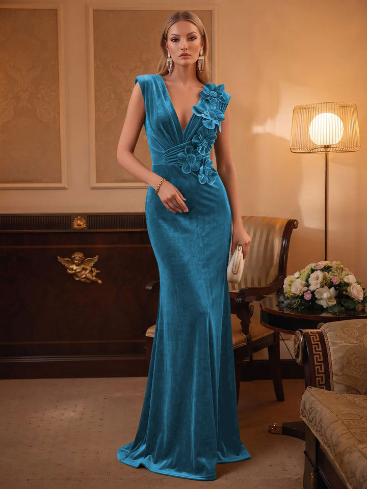 Velvet Mermaid V Neck Ruched Waist Evening Dresses