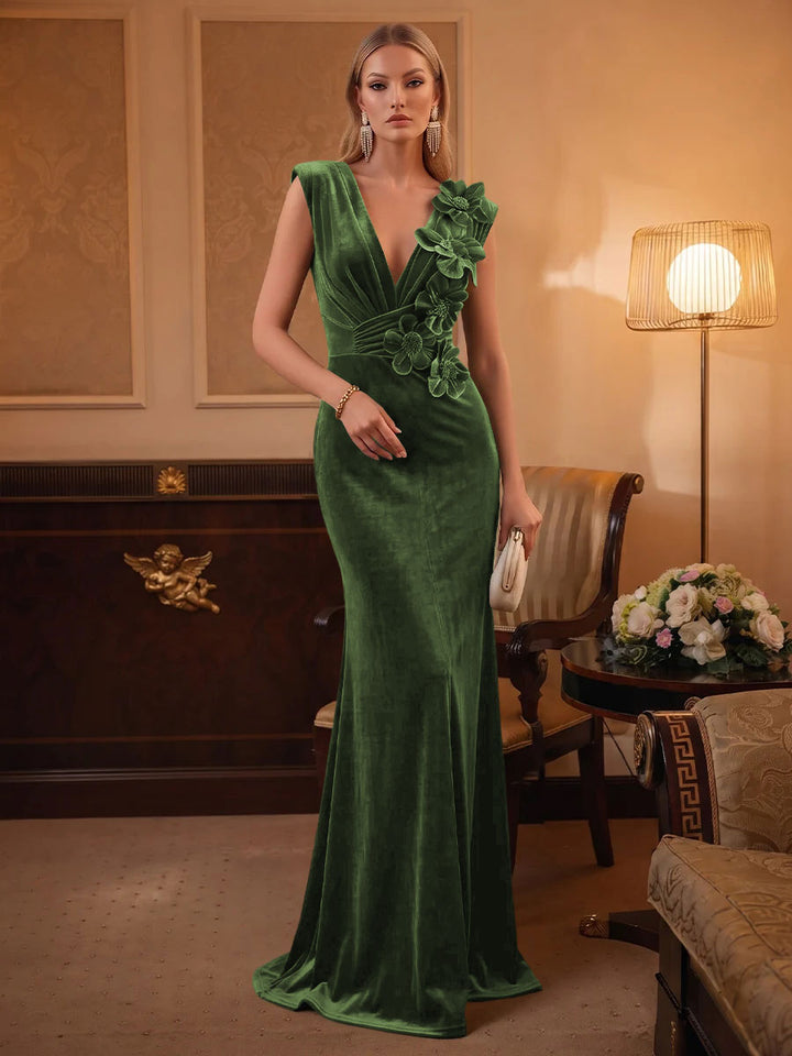 Velvet Mermaid V Neck Ruched Waist Evening Dresses