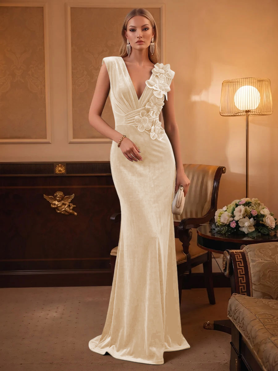 Velvet Mermaid V Neck Ruched Waist Evening Dresses