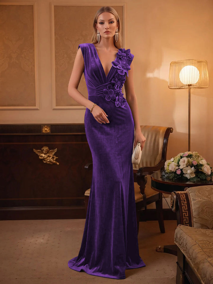 Velvet Mermaid V Neck Ruched Waist Evening Dresses