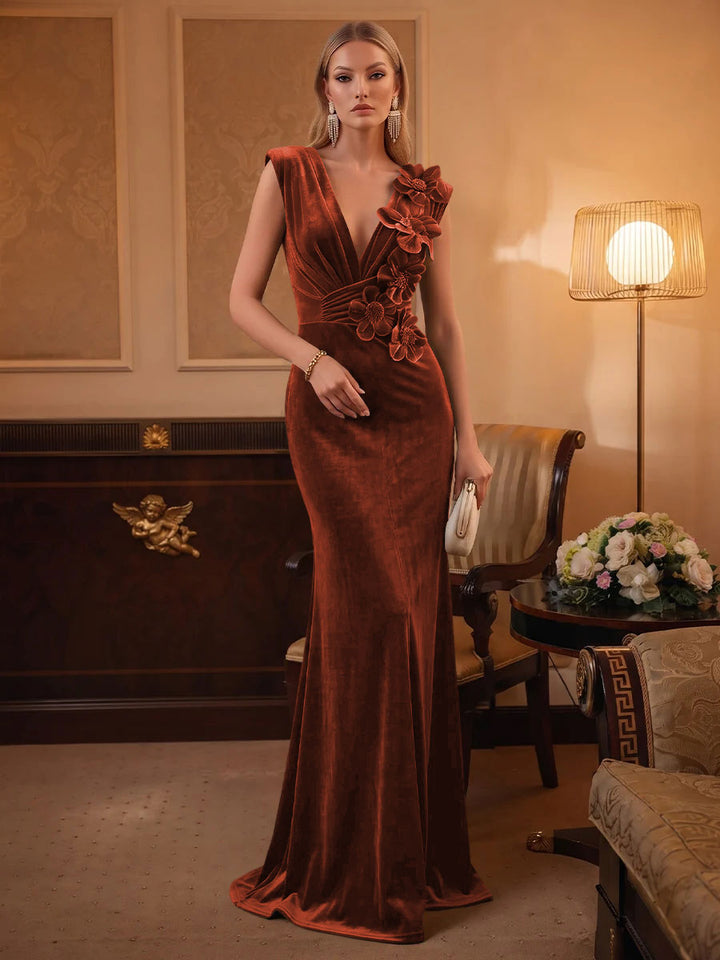 Velvet Mermaid V Neck Ruched Waist Evening Dresses