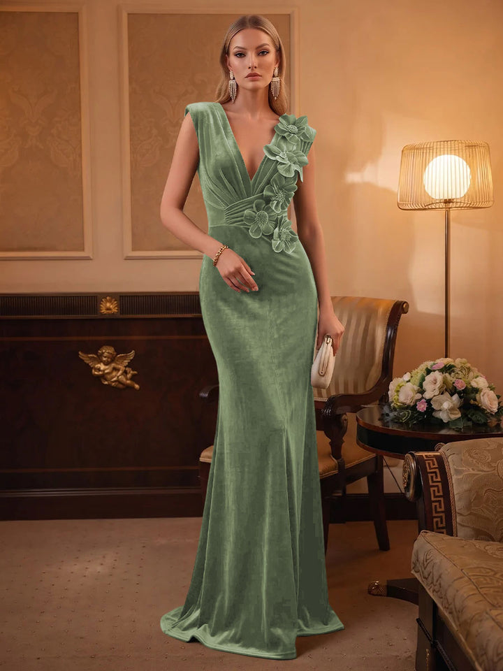 Velvet Mermaid V Neck Ruched Waist Evening Dresses