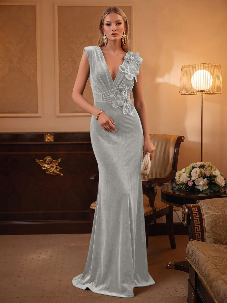 Velvet Mermaid V Neck Ruched Waist Evening Dresses