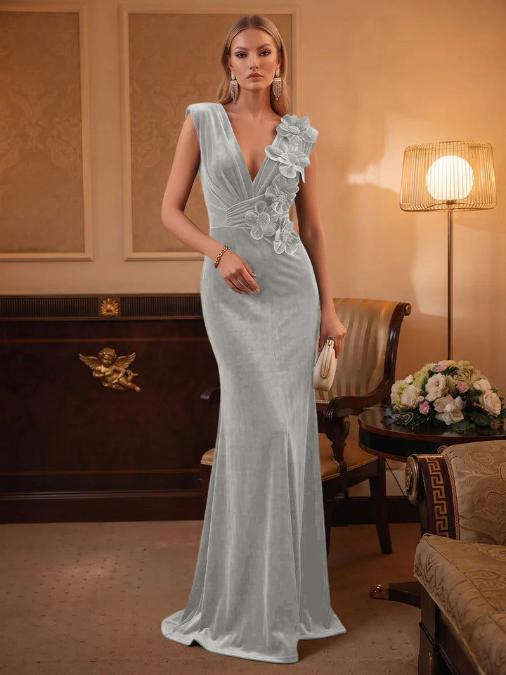 Velvet Mermaid V Neck Ruched Waist Evening Dresses