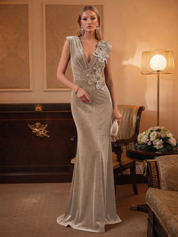 Velvet Mermaid V Neck Ruched Waist Evening Dresses
