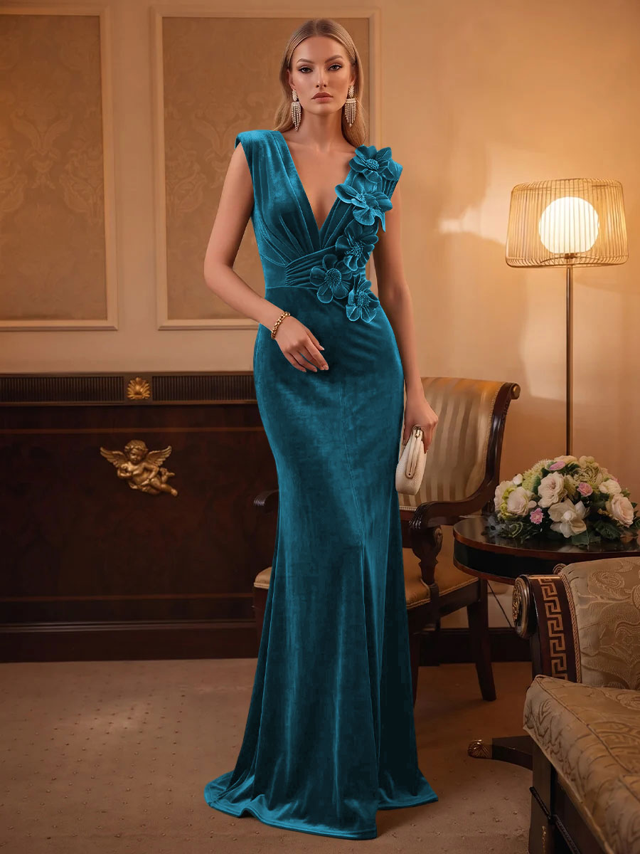Velvet Mermaid V Neck Ruched Waist Evening Dresses