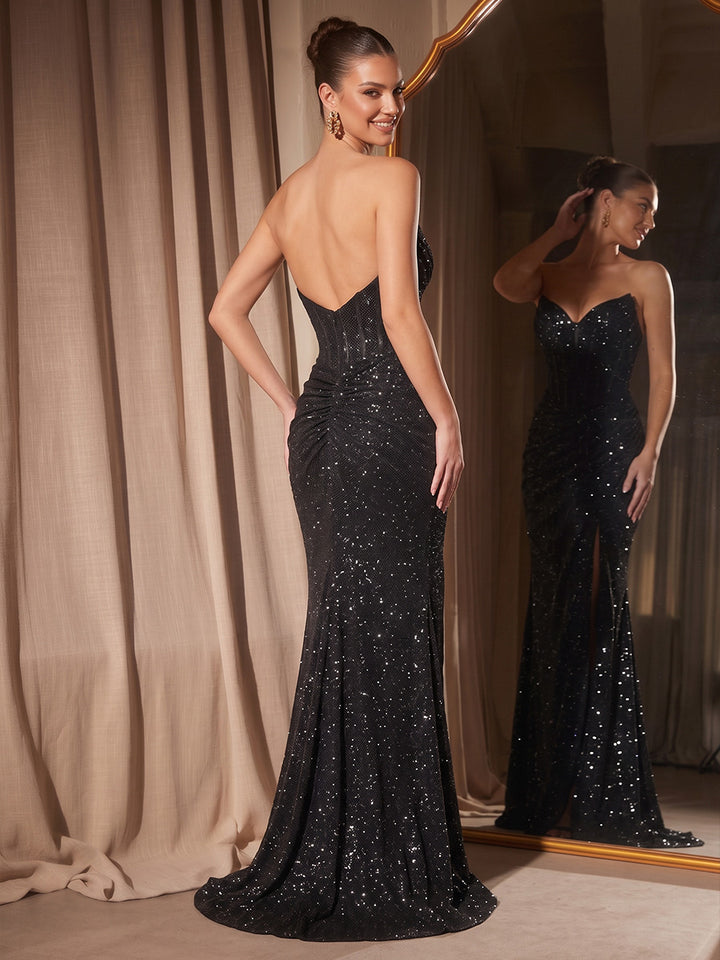 Sequin Mermaid Strapless Floor Length Ruched Slit Evening Dresses