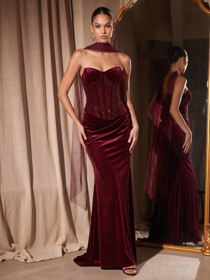 Velvet Mermaid Sweetheart Floor Length Corset Waist Evening Dresses