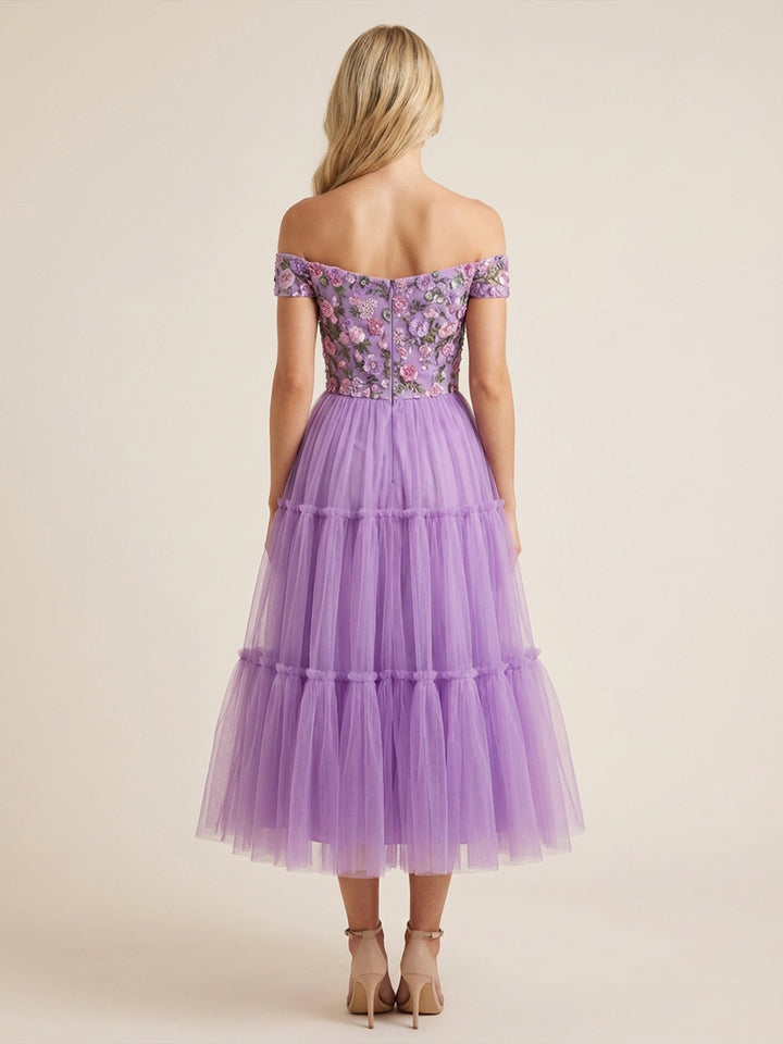 Tulle A Line Off the Shoulder Tea Length Cocktail Dresses