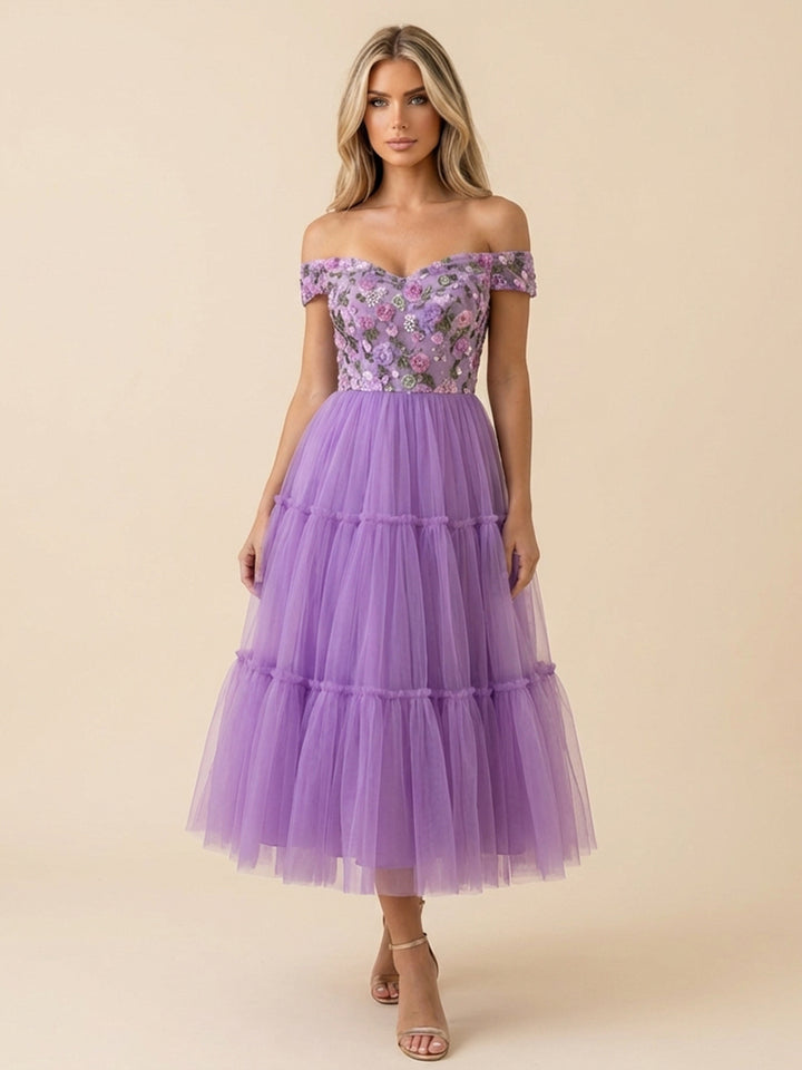 Tulle A Line Off the Shoulder Tea Length Cocktail Dresses