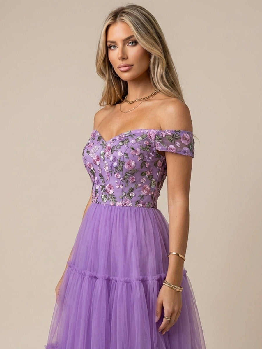 Tulle A Line Off the Shoulder Tea Length Cocktail Dresses