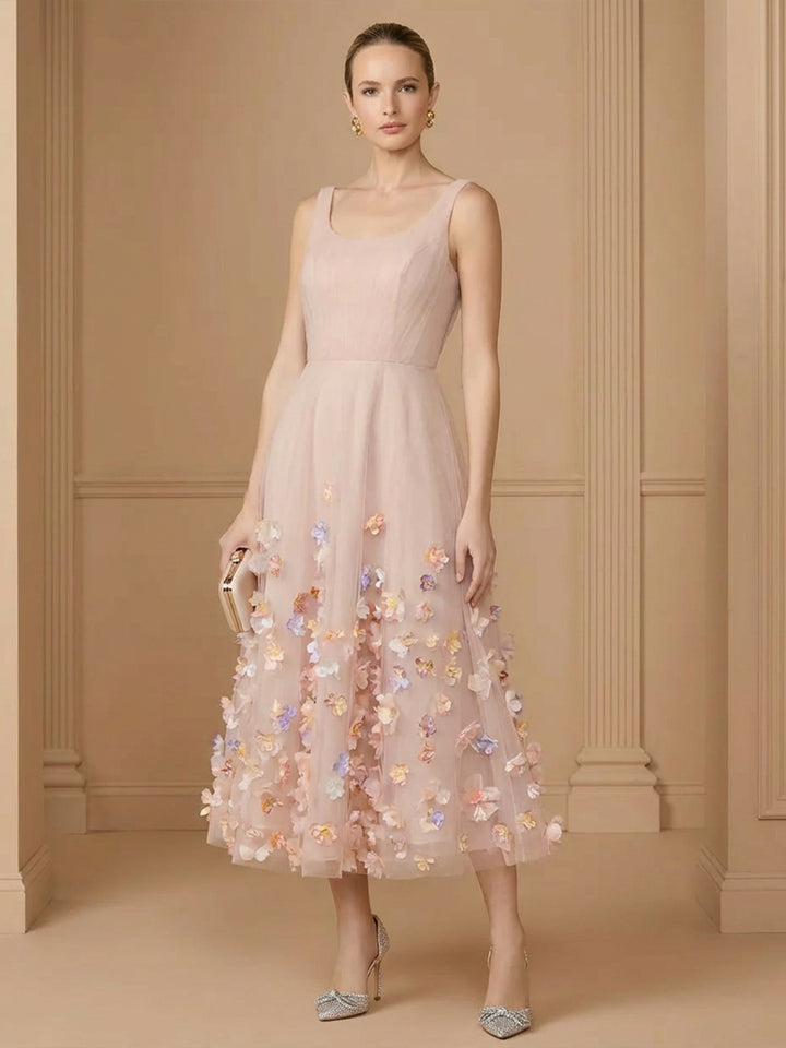 Tulle A Line Spaghetti Straps Tea Length Cocktail Dresses