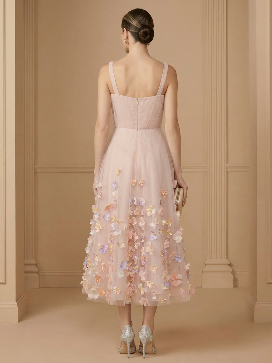 Tulle A Line Spaghetti Straps Tea Length Cocktail Dresses