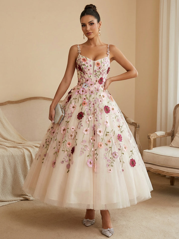 Tulle A Line Spaghetti Straps Tea Length Cocktail Dresses