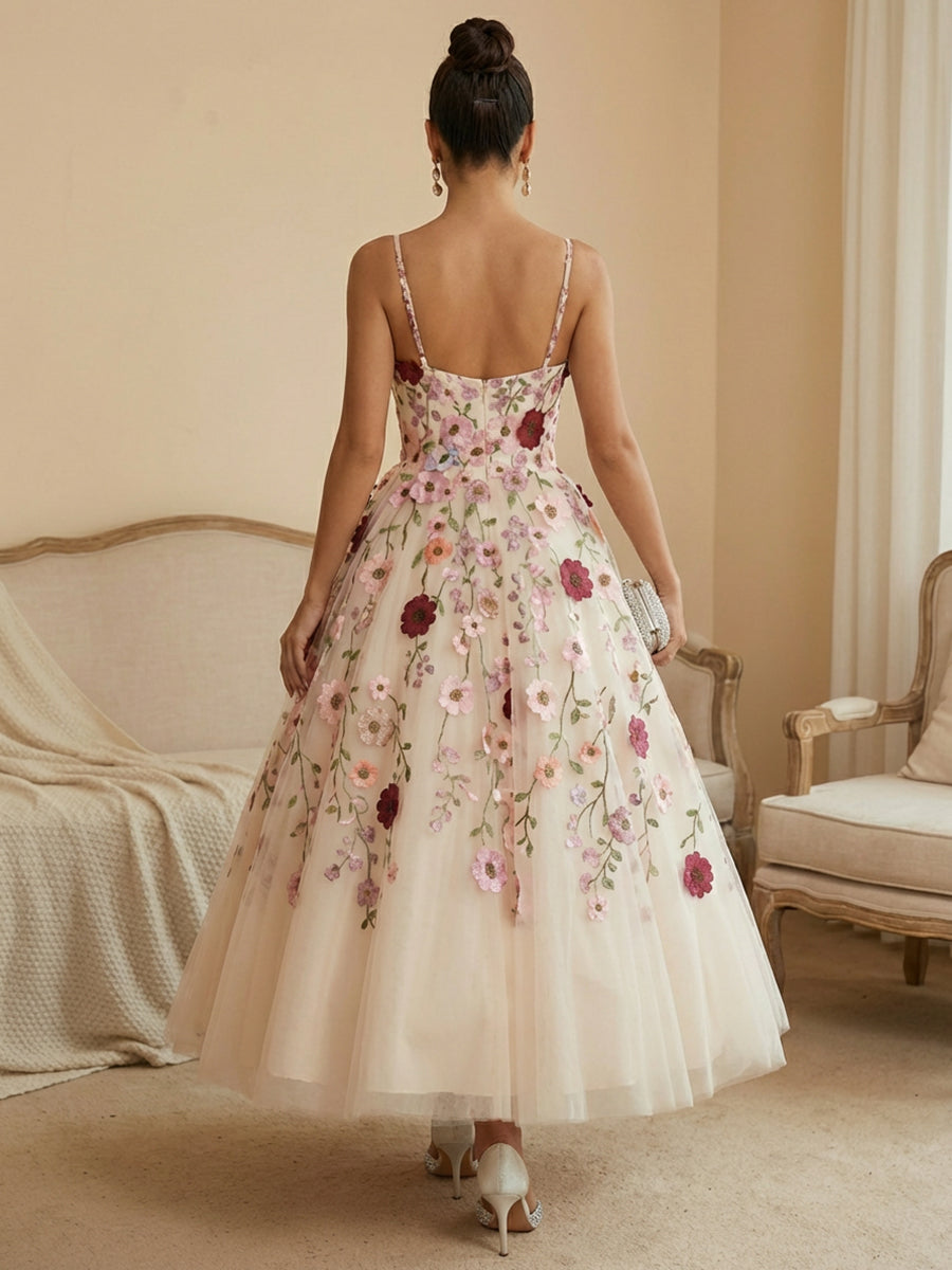 Tulle A Line Spaghetti Straps Tea Length Cocktail Dresses