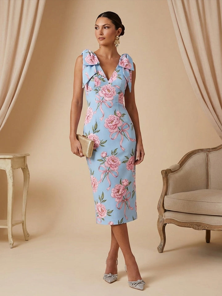 Satin Sheath V Neck Tea Length Cocktail Dresses