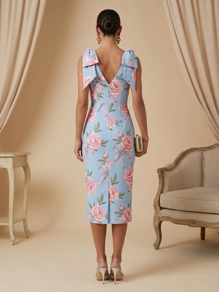 Satin Sheath V Neck Tea Length Cocktail Dresses
