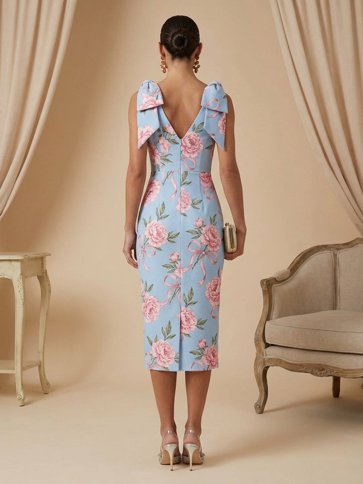 Satin Sheath V Neck Tea Length Cocktail Dresses