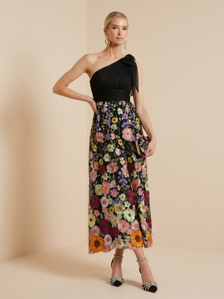 Embroidered A Line One Shoulder Tea Length Cocktail Dresses